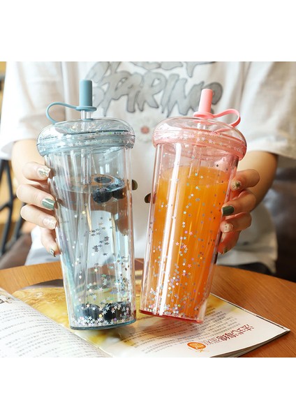 GREEN-520ML Obelix Sevimli Yıldız Glitter Şeffaf Saman Kapaklı Bardak Kahve Fincanları Yaz Soğuk Su Yeniden Kullanılabilir Bardak Plastik Tumbler Sippy Kupalar (Yurt Dışından)
