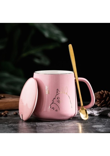 Pembe 400ML 400ML Yeni Ürün Avrupa Tarzı Hafif Lüks Altın Boyalı Seramik Kahve Kapaklı Kupa Kaşık Su Bardağı Karikatür Totoro Kupa (Yurt Dışından)