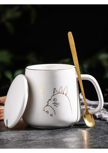 Pembe 400ML 400ML Yeni Ürün Avrupa Tarzı Hafif Lüks Altın Boyalı Seramik Kahve Kapaklı Kupa Kaşık Su Bardağı Karikatür Totoro Kupa (Yurt Dışından)