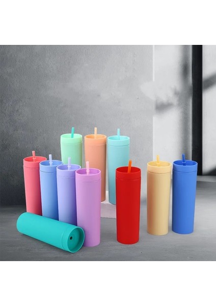 Siyah 16OZ Sıcak Satış 16 Oz 460ML Akrilik Ince Sıska Tumbler Renkli Mat Su Kapaklı Şişe Saman Çift Duvar Yeni Yıl Partisi Hediyeleri Için (Yurt Dışından)