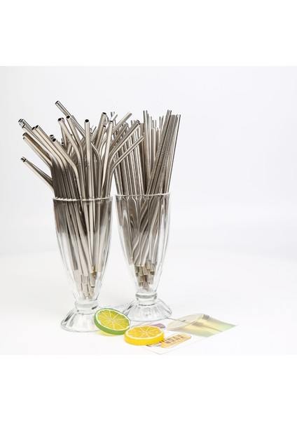 Gümüş 100 Adet Metal Pipetler Yeniden Kullanılabilir 304 Paslanmaz Çelik Içme Suyu Boruları 215 mm x 6 mm Kavisli Pipetler ve 50 Düz Pipet (Yurt Dışından)