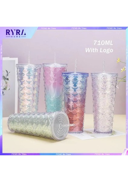 Elmas Bardak 6 710ML 710ML/24OZ Balık Pulu Soğuk Bardak Çift Katmanlı Su Şişeleri Plastik Pipetli Bardak Yeniden Kullanılabilir Kahve Suyu Pipetli Kupa Bardak Noel Hediyeleri (Yurt Dışından)