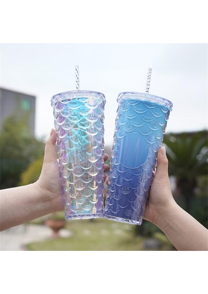 Elmas Bardak 6 710ML 710ML/24OZ Balık Pulu Soğuk Bardak Çift Katmanlı Su Şişeleri Plastik Pipetli Bardak Yeniden Kullanılabilir Kahve Suyu Pipetli Kupa Bardak Noel Hediyeleri (Yurt Dışından)