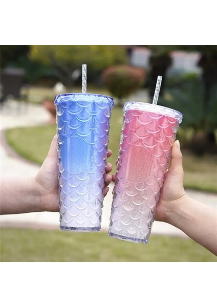 Elmas Bardak 6 710ML 710ML/24OZ Balık Pulu Soğuk Bardak Çift Katmanlı Su Şişeleri Plastik Pipetli Bardak Yeniden Kullanılabilir Kahve Suyu Pipetli Kupa Bardak Noel Hediyeleri (Yurt Dışından)