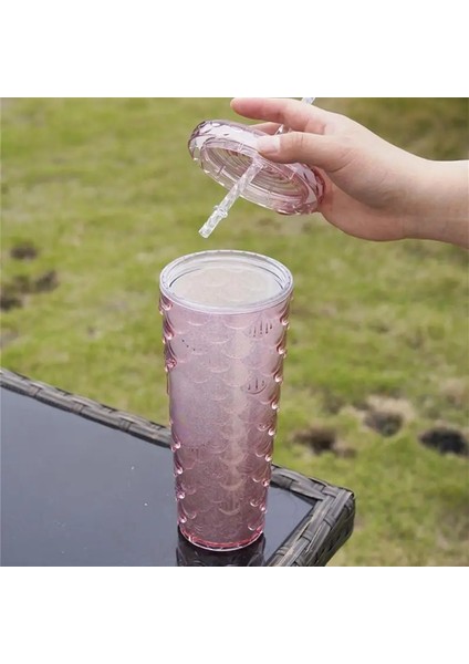Elmas Bardak 6 710ML 710ML/24OZ Balık Pulu Soğuk Bardak Çift Katmanlı Su Şişeleri Plastik Pipetli Bardak Yeniden Kullanılabilir Kahve Suyu Pipetli Kupa Bardak Noel Hediyeleri (Yurt Dışından)