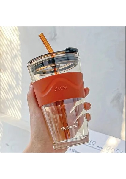 C12 450ML Kapasite 350ML 450ML Yaratıcı Cam Kahve Pipetli Bardak Kapaklı Isıya Dayanıklı Su Şişesi Bira Çay Drinkware Çift Kahve Pipetli Kupa (Yurt Dışından)