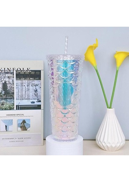 Balık Pulu Bardak 1 710ML 710ML/24OZ Balık Pulu Soğuk Bardak Çift Katmanlı Su Şişeleri Plastik Pipetli Bardak Yeniden Kullanılabilir Kahve Suyu Pipetli Kupa Bardak Noel Hediyeleri (Yurt Dışından)