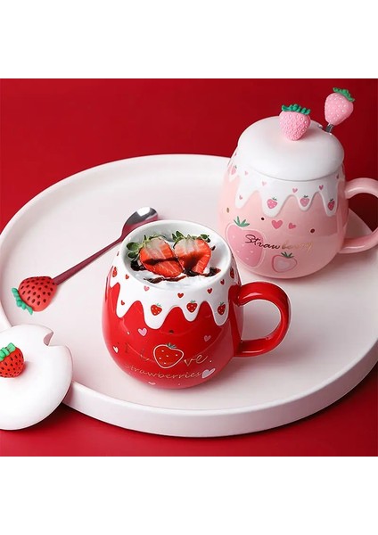 A Kapaklı Kaşık 500 ml Büyük Kapasiteli Seramik Sevimli Çilek Kahve Kapaklı Kupa ve Kaşık Porselen Kahvaltı Süt Yulaf Ezmesi Fincan Drinkware (Yurt Dışından)