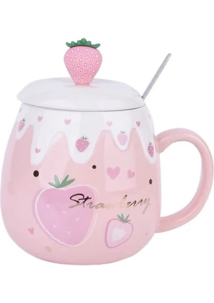 A Kapaklı Kaşık 500 ml Büyük Kapasiteli Seramik Sevimli Çilek Kahve Kapaklı Kupa ve Kaşık Porselen Kahvaltı Süt Yulaf Ezmesi Fincan Drinkware (Yurt Dışından) fiyatları