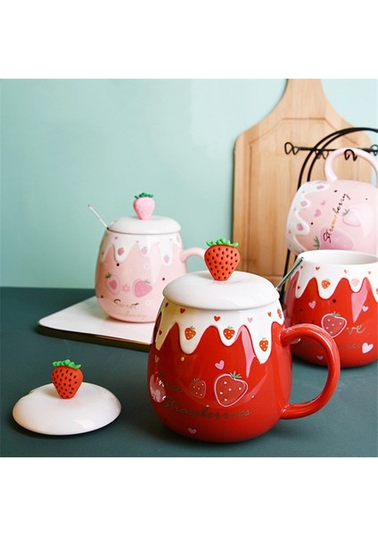 A Kapaklı Kaşık 500 ml Büyük Kapasiteli Seramik Sevimli Çilek Kahve Kapaklı Kupa ve Kaşık Porselen Kahvaltı Süt Yulaf Ezmesi Fincan Drinkware (Yurt Dışından) modelleri