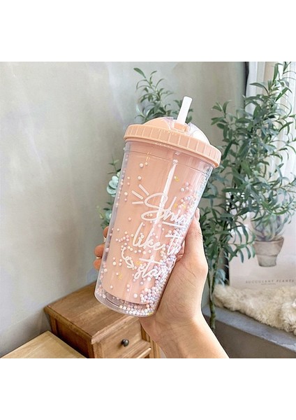 Pembe D 550ML 550ML Yeni Yaratıcı Gökkuşağı Plastik Su Bardağı Yüksek Kapasiteli Sen Serisi Çift Katmanlı Renkli Boncuklu Drinkware Kapaklı ve Pipetli (Yurt Dışından)