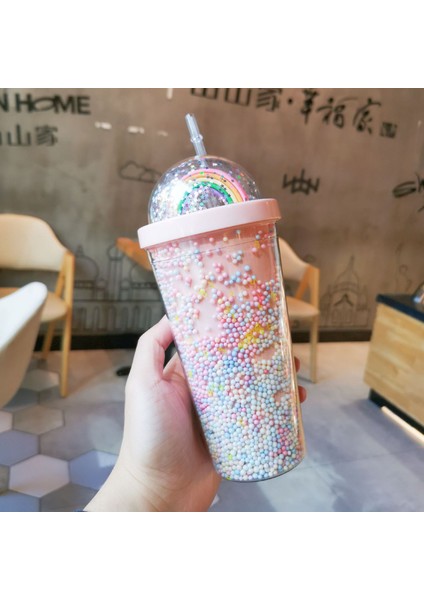 Pembe D 550ML 550ML Yeni Yaratıcı Gökkuşağı Plastik Su Bardağı Yüksek Kapasiteli Sen Serisi Çift Katmanlı Renkli Boncuklu Drinkware Kapaklı ve Pipetli (Yurt Dışından)