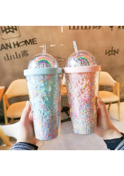 Pembe D 550ML 550ML Yeni Yaratıcı Gökkuşağı Plastik Su Bardağı Yüksek Kapasiteli Sen Serisi Çift Katmanlı Renkli Boncuklu Drinkware Kapaklı ve Pipetli (Yurt Dışından)