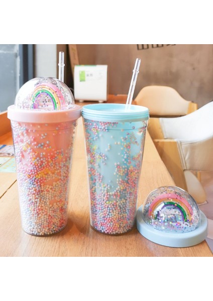 Pembe D 550ML 550ML Yeni Yaratıcı Gökkuşağı Plastik Su Bardağı Yüksek Kapasiteli Sen Serisi Çift Katmanlı Renkli Boncuklu Drinkware Kapaklı ve Pipetli (Yurt Dışından)