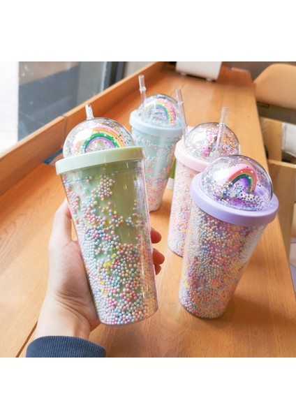 Pembe D 550ML 550ML Yeni Yaratıcı Gökkuşağı Plastik Su Bardağı Yüksek Kapasiteli Sen Serisi Çift Katmanlı Renkli Boncuklu Drinkware Kapaklı ve Pipetli (Yurt Dışından)