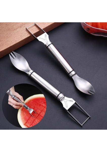 Gümüş Karpuz Dilimleyici Emek Tasarrufu Sağlayan Çok Fonksiyonlu Paslanmaz Çelik Karpuz Bölücü 2'si 1 Arada Meyve Salatası Çatal Kesici Mutfak Gadget (Yurt Dışından)