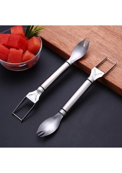 Gümüş Karpuz Dilimleyici Emek Tasarrufu Sağlayan Çok Fonksiyonlu Paslanmaz Çelik Karpuz Bölücü 2'si 1 Arada Meyve Salatası Çatal Kesici Mutfak Gadget (Yurt Dışından)