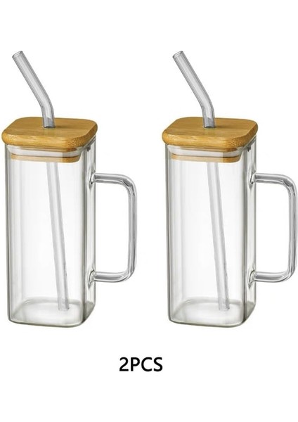 Set D 400ML 400ML Kare Kapaklı ve Pipetli Kupa Tek Renkli Sap Katmanlı Içecek Bardağı Bardak Soda Buzlu Kahve Süt Kabarcık Çay Su (Yurt Dışından)