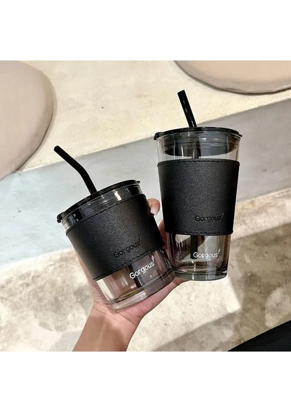 C4 450ML Kapasite 350ML 450ML Yaratıcı Cam Kahve Pipetli Bardak Kapaklı Isıya Dayanıklı Su Şişesi Bira Çay Drinkware Çift Kahve Pipetli Kupa (Yurt Dışından)