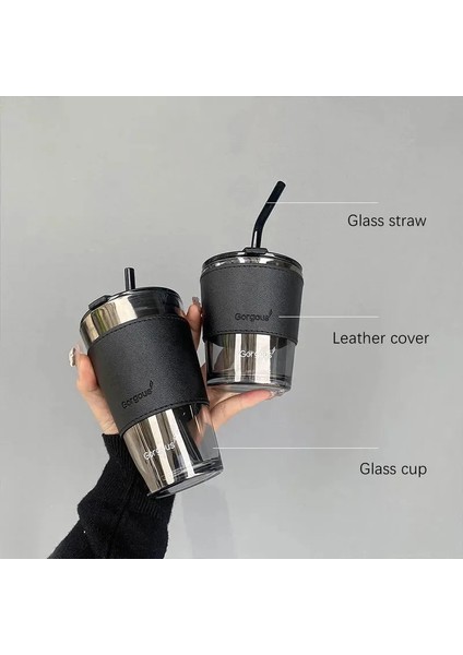 C4 450ML Kapasite 350ML 450ML Yaratıcı Cam Kahve Pipetli Bardak Kapaklı Isıya Dayanıklı Su Şişesi Bira Çay Drinkware Çift Kahve Pipetli Kupa (Yurt Dışından)