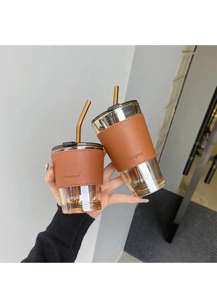 C4 450ML Kapasite 350ML 450ML Yaratıcı Cam Kahve Pipetli Bardak Kapaklı Isıya Dayanıklı Su Şişesi Bira Çay Drinkware Çift Kahve Pipetli Kupa (Yurt Dışından)