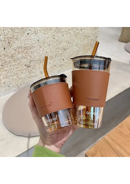 C4 450ML Kapasite 350ML 450ML Yaratıcı Cam Kahve Pipetli Bardak Kapaklı Isıya Dayanıklı Su Şişesi Bira Çay Drinkware Çift Kahve Pipetli Kupa (Yurt Dışından)