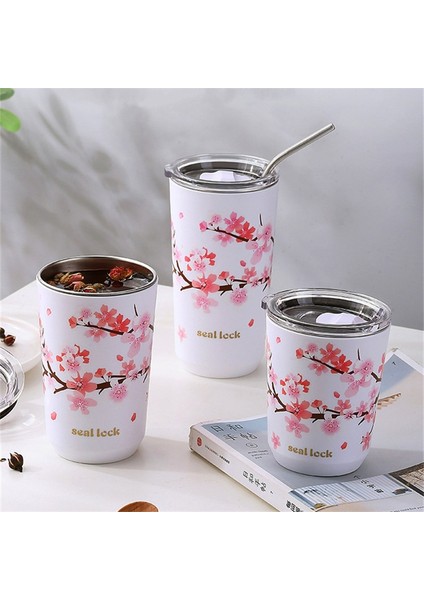 360ML 301-600ML Paslanmaz Çelik Kiraz Çiçeği Termal Kapaklı Kupa Çift Duvar Kahve Sızdırmaz Su Bardağı Seyahat Kamp Çay Tumbler Drinkware (Yurt Dışından)