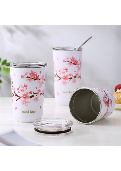 360ML 301-600ML Paslanmaz Çelik Kiraz Çiçeği Termal Kapaklı Kupa Çift Duvar Kahve Sızdırmaz Su Bardağı Seyahat Kamp Çay Tumbler Drinkware (Yurt Dışından)
