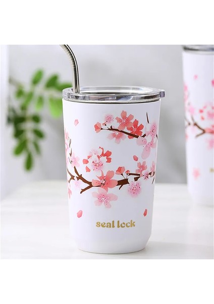 360ML 301-600ML Paslanmaz Çelik Kiraz Çiçeği Termal Kapaklı Kupa Çift Duvar Kahve Sızdırmaz Su Bardağı Seyahat Kamp Çay Tumbler Drinkware (Yurt Dışından)