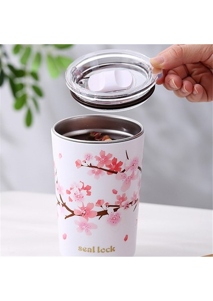 360ML 301-600ML Paslanmaz Çelik Kiraz Çiçeği Termal Kapaklı Kupa Çift Duvar Kahve Sızdırmaz Su Bardağı Seyahat Kamp Çay Tumbler Drinkware (Yurt Dışından)