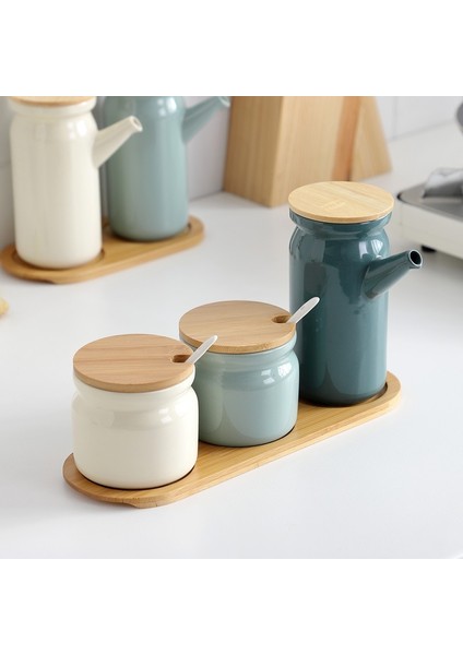 Model 4 Seramik Baharat Kavanoz Ahşap Kapaklı Tuzluk Mutfak Malzemeleri Beyaz Baharat Kavanoz Kaşık Seti Şeker Kutusu (Yurt Dışından) fiyatları