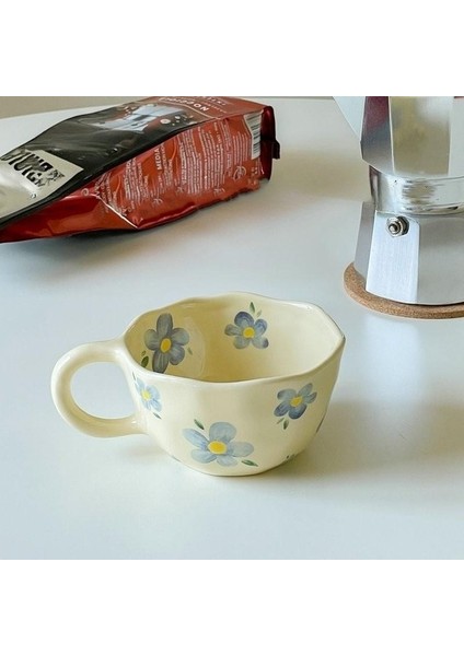 Mavi Çiçek 201-300 ml Seramik Kupalar Kahve Fincanları El Sıkıştırılmış Düzensiz Çiçek Süt Çay Bardağı Ins Kore Tarzı Yulaf Ezmesi Kahvaltı Kupa Drinkware Mutfak (Yurt Dışından)