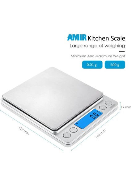 Gümüş Amır Dijital Mutfak Terazisi Mini Cep Paslanmaz Çelik Gıda Pişirme Terazisi 500G/0.01G LCD Ekran Elektronik Mutfak Terazisi (Yurt Dışından) indirimleri