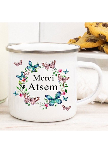 XH10043-A015WH-8 Fransız Teşekkürler Atsem Baskı Emaye Kupalar Yaratıcı Kahve Kupa Içecek Suyu Süt Bardak Okul Ev Kolu Drinkware Öğretmen Hediyeler (Yurt Dışından)