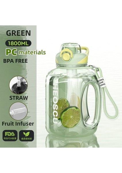 LD-GREEN-1800PC 1700-2500 ml Su Şişesi 2 Litre Tritan Malzeme Hassas Ölçekli Taşınabilir Büyük Kapasiteli Su Şişesi Erkekler Kadınlar Için Spor Spor (Yurt Dışından)