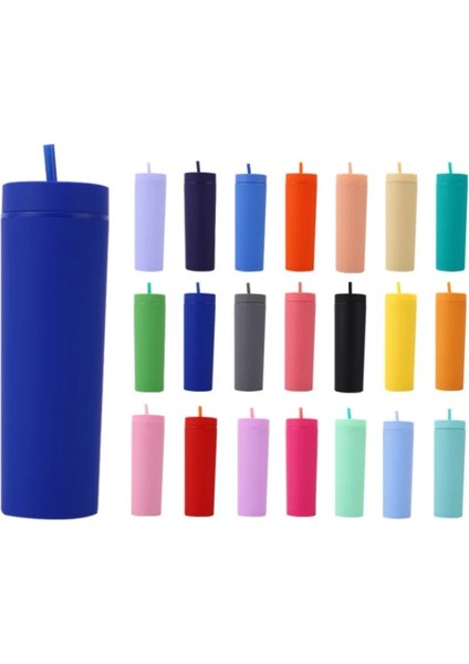 Beyaz 16OZ Çift Duvar Sıska Bardak Plastik Dövme Su Şişesi Mat Bitmiş 16OZ Düz Bardak Yalıtımlı Bardak Kahve Kamışlı Kupa (Yurt Dışından)
