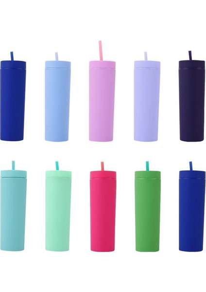 Beyaz 16OZ Çift Duvar Sıska Bardak Plastik Dövme Su Şişesi Mat Bitmiş 16OZ Düz Bardak Yalıtımlı Bardak Kahve Kamışlı Kupa (Yurt Dışından)