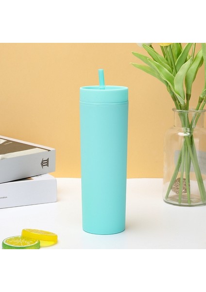 Açık Mavi 16OZ Çift Duvar Sıska Bardak Plastik Dövme Su Şişesi Mat Bitmiş 16OZ Düz Bardak Yalıtımlı Bardak Kahve Kamışlı Kupa (Yurt Dışından)