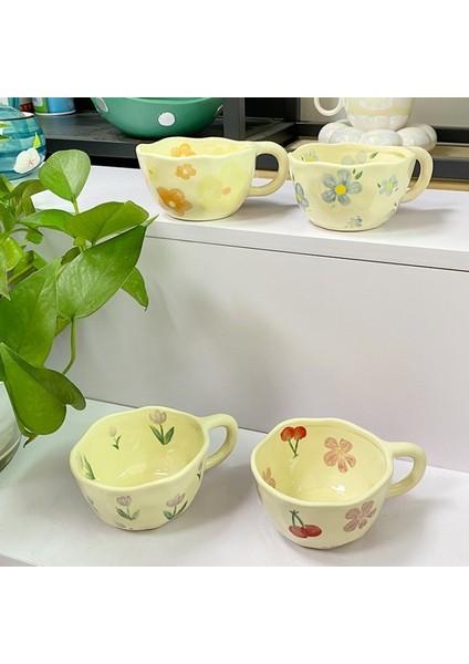 Pembe Kiraz 201-300 ml Seramik Kupalar Kahve Fincanları El Sıkıştırılmış Düzensiz Çiçek Süt Çay Bardağı Ins Kore Tarzı Yulaf Ezmesi Kahvaltı Kupa Drinkware Mutfak (Yurt Dışından) fırsatları