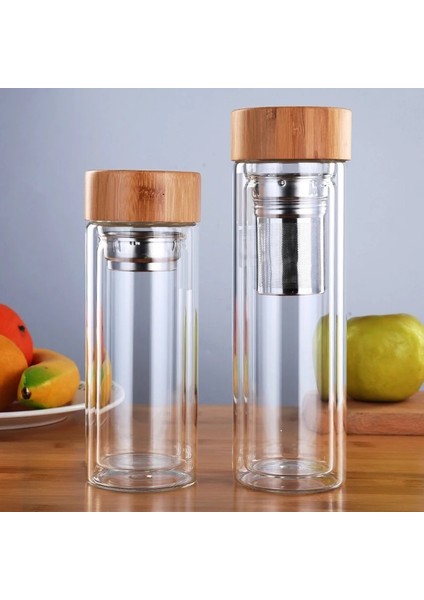 L 500ML 300-500ML 300/400/500ML Çift Duvarlı Cam Su Şişesi Çay Demlik Ofis Çay Bardağı Paslanmaz Çelik Filtreler Bambu Kapak Seyahat Ev Drinkware (Yurt Dışından)