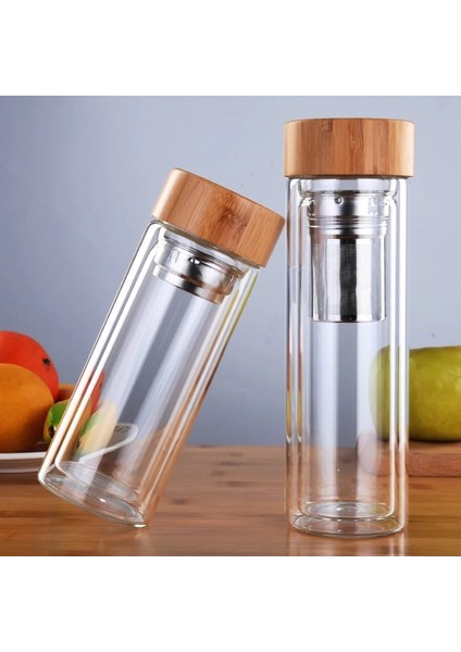 L 500ML 300-500ML 300/400/500ML Çift Duvarlı Cam Su Şişesi Çay Demlik Ofis Çay Bardağı Paslanmaz Çelik Filtreler Bambu Kapak Seyahat Ev Drinkware (Yurt Dışından)
