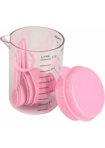 Pembe Ölçüm Kabı Konteyner Kaşık Seti 7 Adet Plastik Saklama ve Ölçüm Kiti Gıda Metrik Bardak Kaşık Taşınabilir Set Pişirme Aracı (Yurt Dışından)