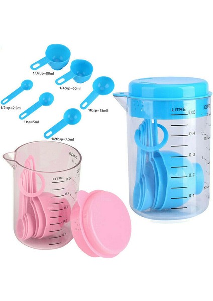 Pembe Ölçüm Kabı Konteyner Kaşık Seti 7 Adet Plastik Saklama ve Ölçüm Kiti Gıda Metrik Bardak Kaşık Taşınabilir Set Pişirme Aracı (Yurt Dışından)