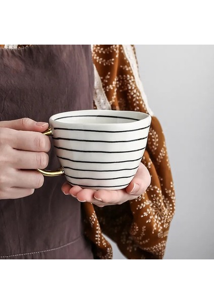 R Enine Şerit 100-350ML Iskandinav Lüks Kupa Altın Saplı Geniş Ağızlı El Boyalı Geometrik Seramik El Yapımı Düzensiz Bardaklar Süt Çay Yulaf Ezmesi Kahve Kupa (Yurt Dışından) indirimleri
