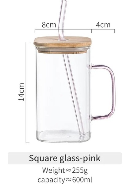 Pembe Kare 400-600 ml 1 Adet Cam Kapaklı Bardak ve Saman Içme Bardakları Bambu Kapaklı Cam Saman Renkli Saplı Süt Çay Kupaları Buzlu Kahve Fincanı (Yurt Dışından)
