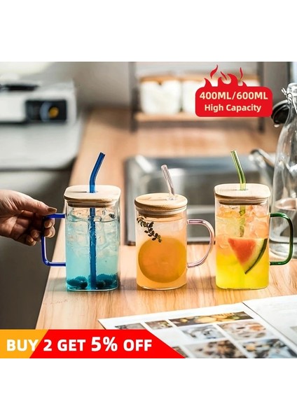 Pembe Kare 400-600 ml 1 Adet Cam Kapaklı Bardak ve Saman Içme Bardakları Bambu Kapaklı Cam Saman Renkli Saplı Süt Çay Kupaları Buzlu Kahve Fincanı (Yurt Dışından)