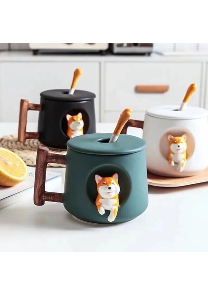 Koyu Yeşil B 420ML 420ML Karikatür Seramik Kahve Kupa Sevimli 3D Shiba Inu Desen Kapaklı Kaşık Kızlar Favori Hediye Süt Çay Yaratıcı Kahvaltı Bardak (Yurt Dışından)