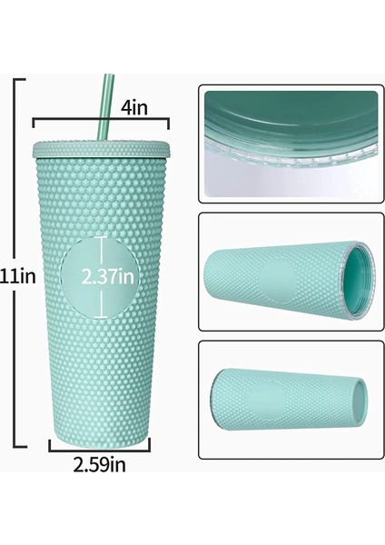 2-5 701-800ML 24OZ Çivili Mat Bardak Bardak, Kapaklı ve Pipetli, Bling Plastik Bardak, Çift Duvar Yalıtımlı, Tekrar Kullanılabilir Dokulu Venti Bardak (Yurt Dışından)