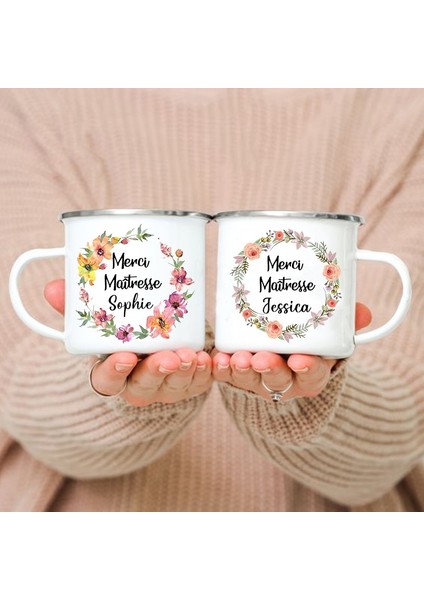 -A015WH-8 360 ml Kişiselleştirilmiş Fransız Baskı Kupalar Özel Ad Kahve Fincanları Içecek Su Süt Kupası Emaye Kupa Okul Ev Kolu Drinkware Öğretmen Hediye (Yurt Dışından)