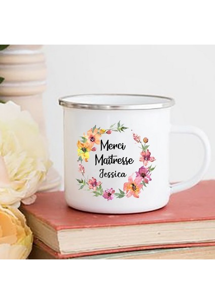 -A015WH-8 360 ml Kişiselleştirilmiş Fransız Baskı Kupalar Özel Ad Kahve Fincanları Içecek Su Süt Kupası Emaye Kupa Okul Ev Kolu Drinkware Öğretmen Hediye (Yurt Dışından)